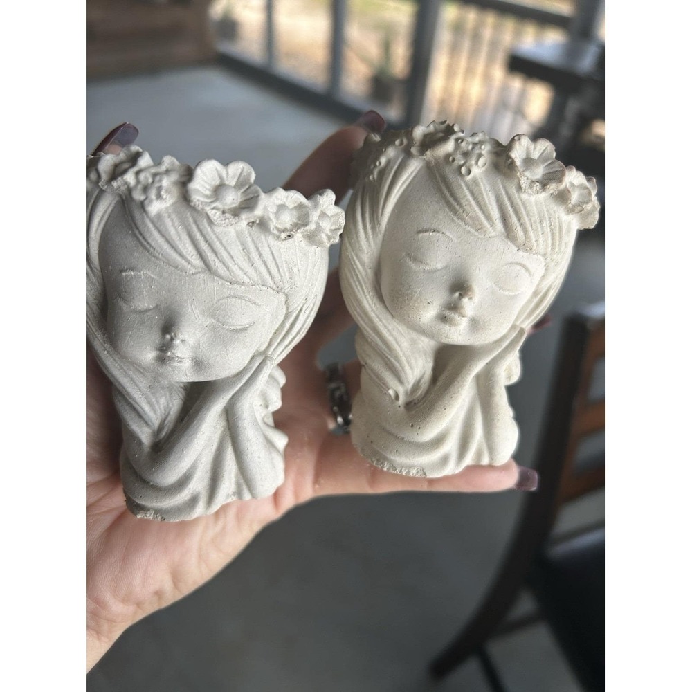 2 Pieces Girl Face Little Planter,  White Cement Succulent/Herb Pot Planter